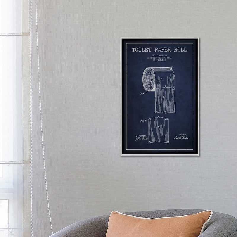 iCanvas "Toilet Paper Navy Blue Patent Blueprint" by Aged Pixel Framed