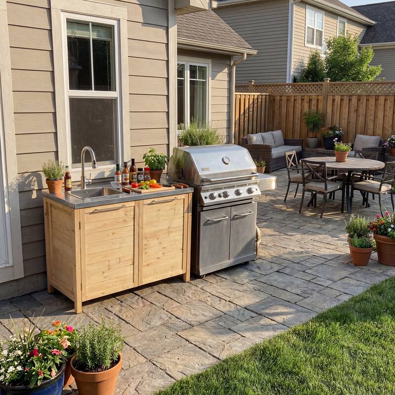 Modular Outdoor Kitchen Island Set, 100% Solid Wood BBQ Cabinet , Patio Kitchen Bar Table