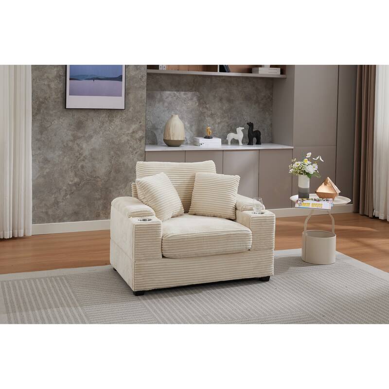 Corduroy Upholstered Chaise Lounge with Movable Ottoman, Living Room Storage Sofa Chair with Cup Holder, Detachable Cushions