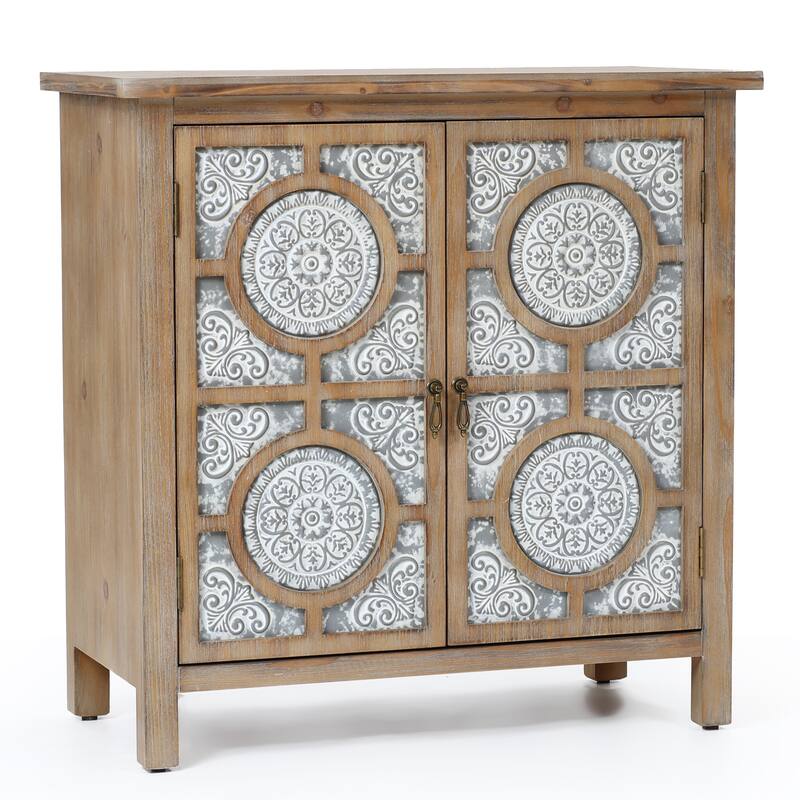 Floral Lattice Metal 2-Door Farmhouse Pine Wood Storage Cabinet - 31.9" H x 31.5" W x 15.7" D