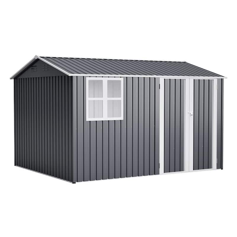 10X8FT Outdoor Steel Storage Shed with Clear Window, Lockable Doors, Weather-Resistant Metal Tool Shed, Gray