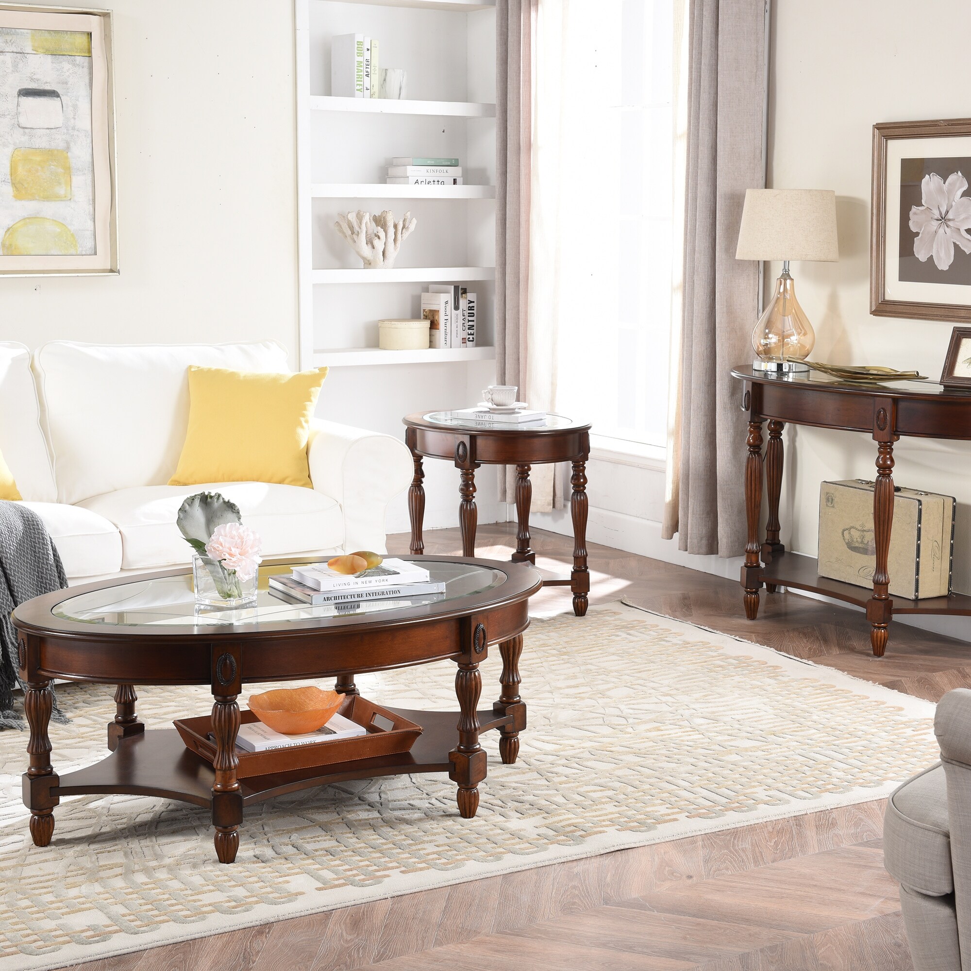 Vintage Solid Wood Oval Coffee Table with Tempered Glass Top and