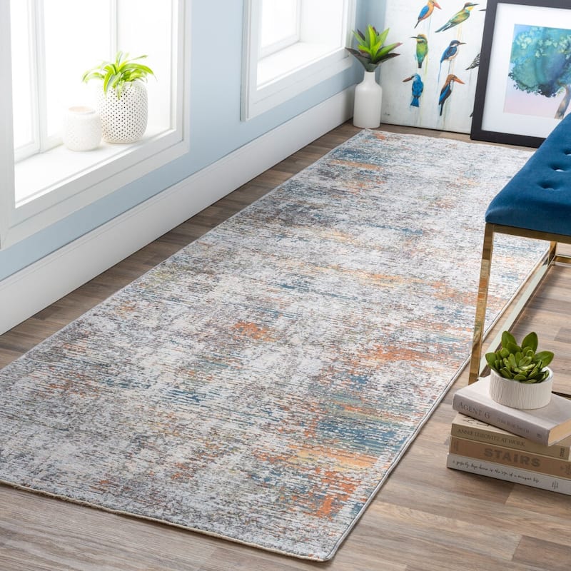 Livabliss Modern & Contemporary Presidential Abstract Area Rug - 3'3" x 10' - Orange/Blue