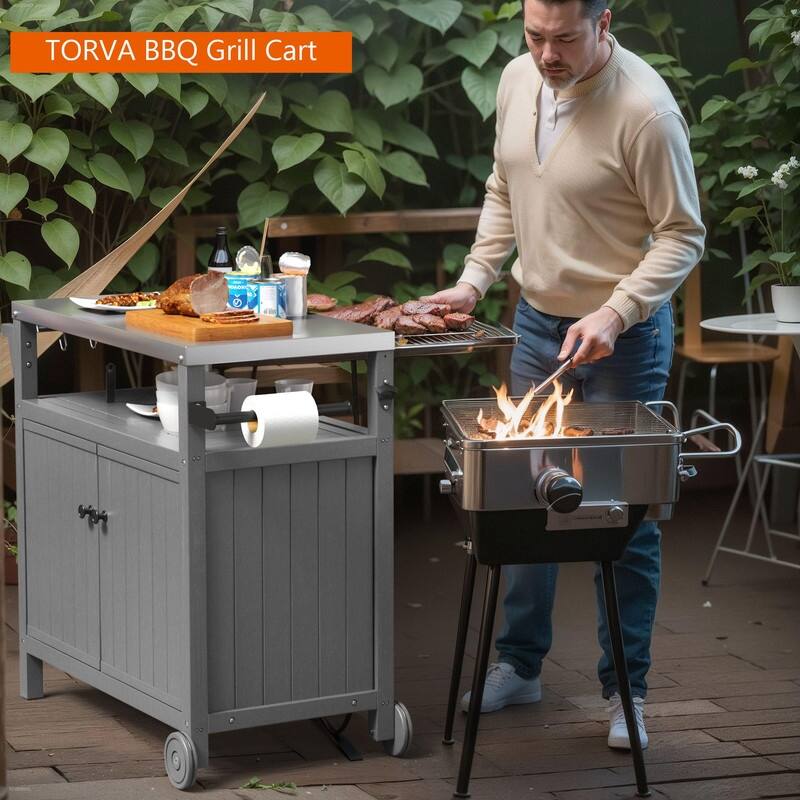 HDPE Portable Outdoor Grill Cart, Waterproof BBQ Prep Table, 304 Stainless Steel Top, Camping Cart 42.12" L x 20.71" W, Black