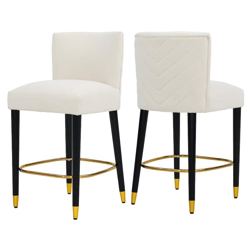 27" Modern Counter Stool with Beige Fabric & Gold Circular Footrest, Sophisticated Luxury Design