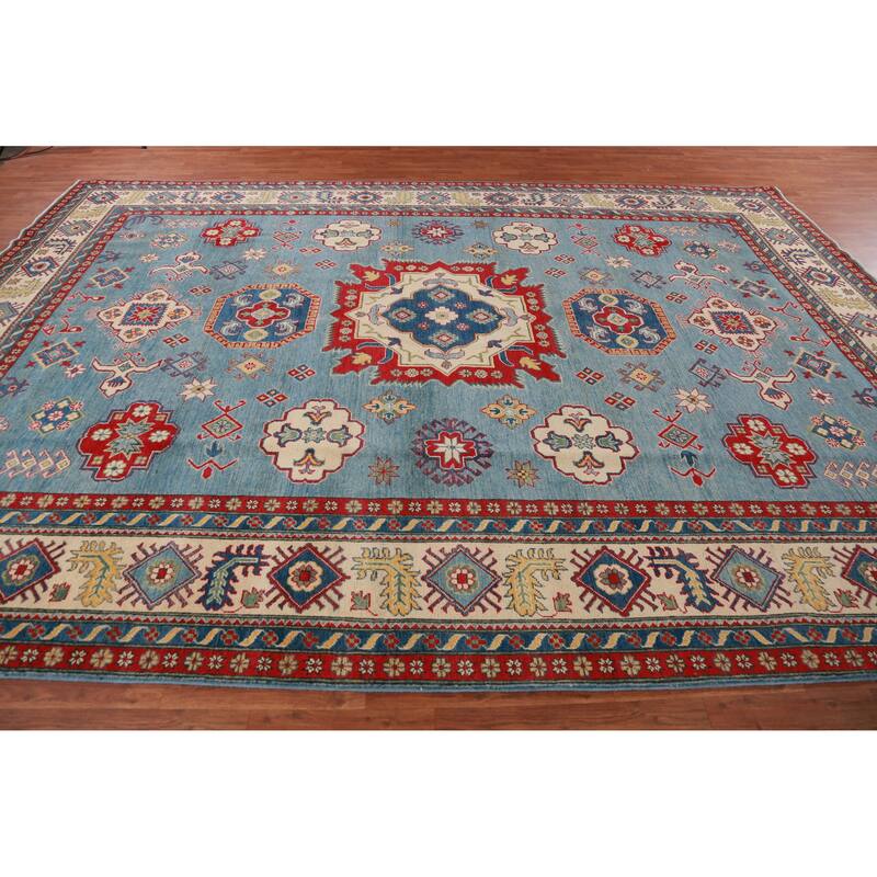 Hand Knotted Oriental 100% Wool Carpet Traditional Medallion Navy Blue & Blues Kazak Area Rug - 13' 9'' X 9' 10''