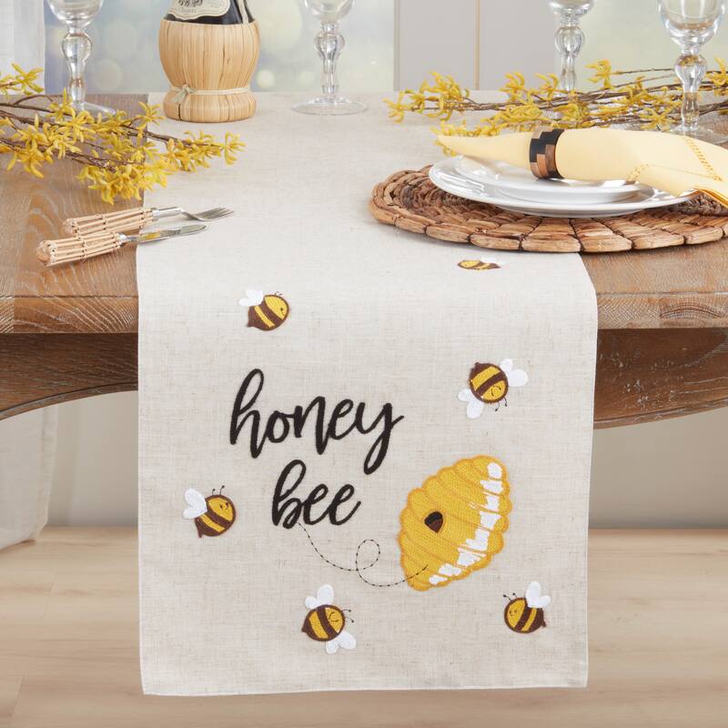 Honey Bee Text Linen Blend Table Runner - Playful Bee & Hive Motif Decorative Table Runner for Dining Tables, Seasonal, 16"x70"