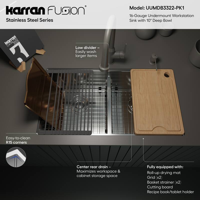 Karran Fusion Undermount 33-in x 18-in Stainless Steel Double Equal Bowl Workstation Kitchen Sink