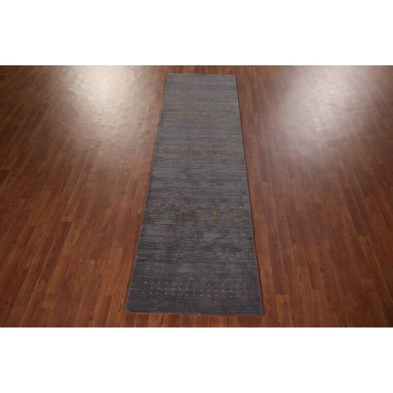 Dark Gray Striped Gabbeh Oriental Runner Rug Hand-Knotted Wool Carpet - 2'9"x 9'6"