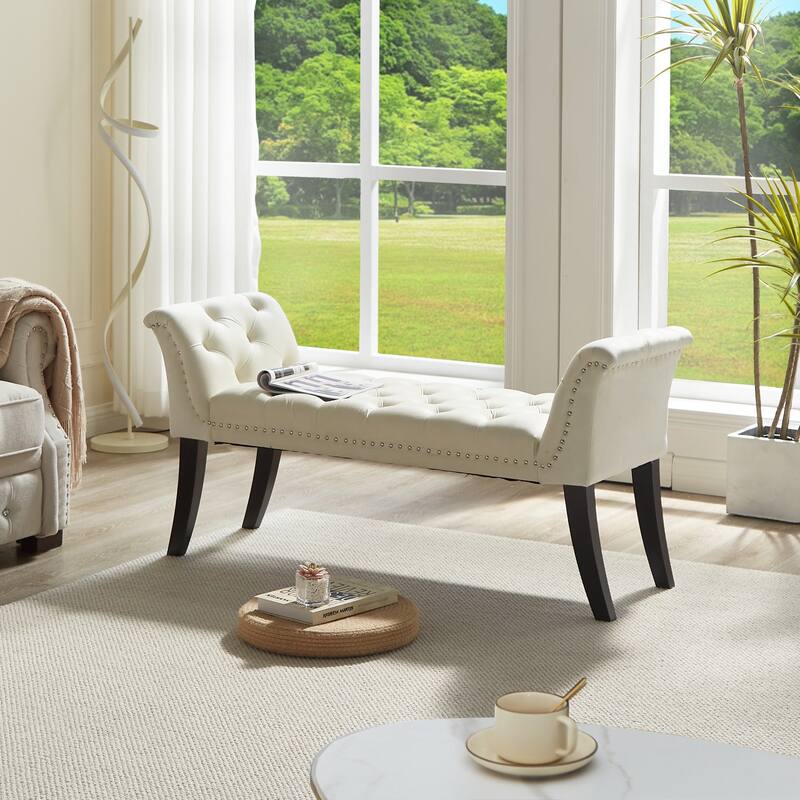 Rectangular End of Bed Bench Upholstered Seat with Tufted Buttons, Decorative Bench Window Bench with Armrests - Beige