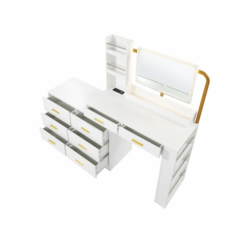 L-shaped Makeup Vanity Desk with Mirror & Charging Ports, 8-Drawer Dresser Dressing Table Chest of Drawers for Bedroom