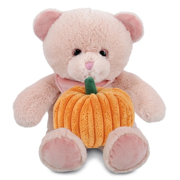 slide 2 of 6, DolliBu Soft Baby Pink Bear Stuffed Animal with Pumpkin Plush Decor - 8 inches