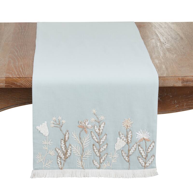 Embroidered Meadow Table Runner - Lined Decorative Table Runner with Fringe for Dining & Console Tables, 16"x72" - 16"x72" - Blue