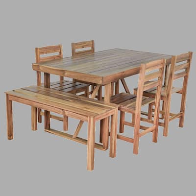 Premium Acacia Wood 6-Piece Outdoor Dining Set, Table, Bench & Chairs, Weather-Resistant Patio Furniture