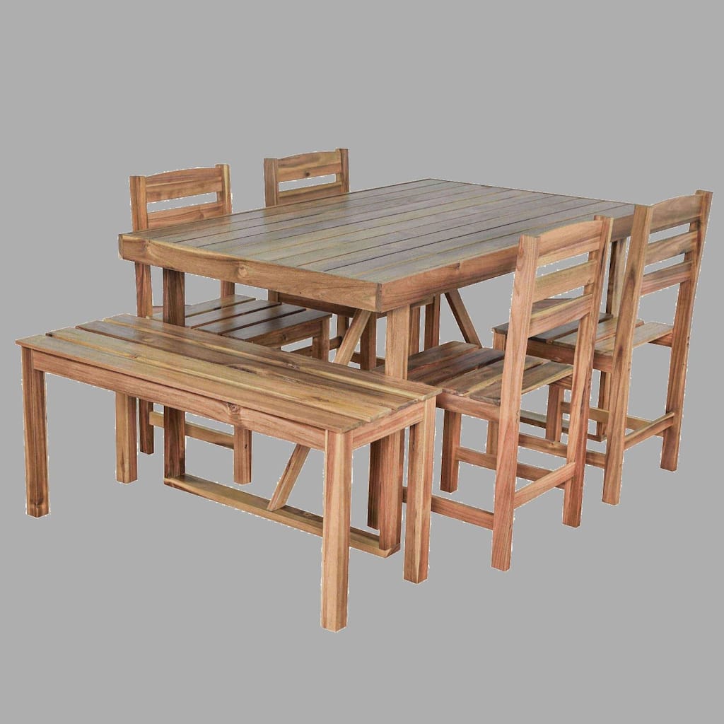 Premium Acacia Wood 6-Piece Outdoor Dining Set, Table, Bench & Chairs, Weather-Resistant Patio Furniture