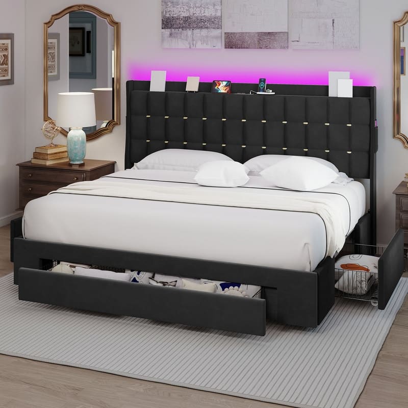 Moasis King Size Velvet Platform Bed with 4 Drawers,Bed Frames with RGB Light & Built-in Charging Station