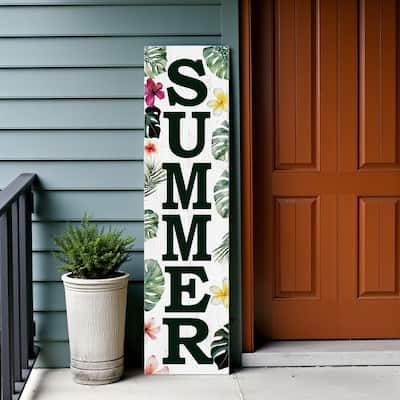 HomeRoots 36" Green Pink And White Solid Wood Tropical Floral Summer Porch Sign