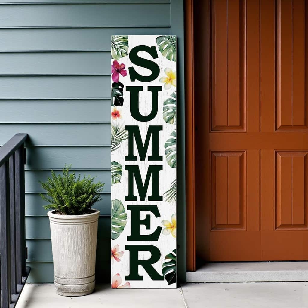 HomeRoots 36" Green Pink And White Solid Wood Tropical Floral Summer Porch Sign