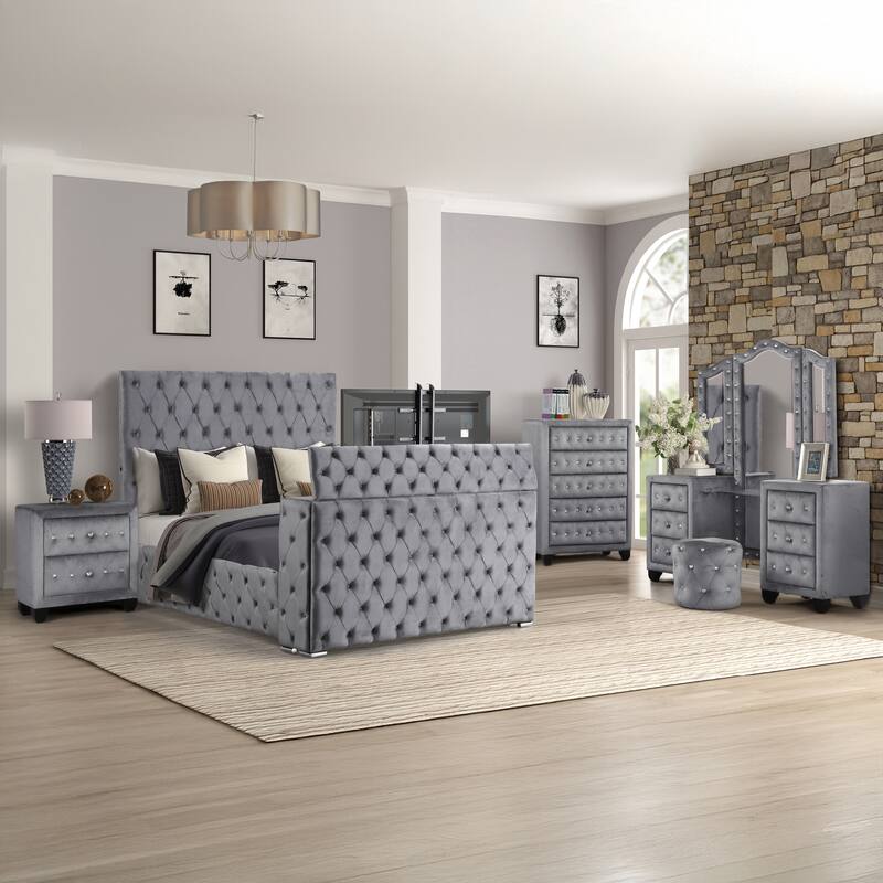 Encore King / Queen 4PC / 5PCS Vanity Bedroom Set in Beige / Black / Gray - Grey - King - 5 Piece