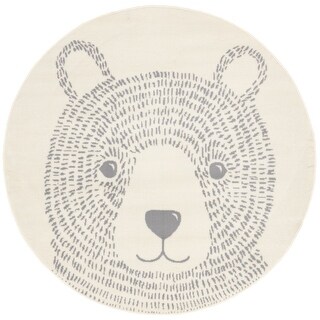 Round Kids Cream Grey Teddy Bear Area Rug, 5'3" x 5'3" - 5'3" x 5'3"