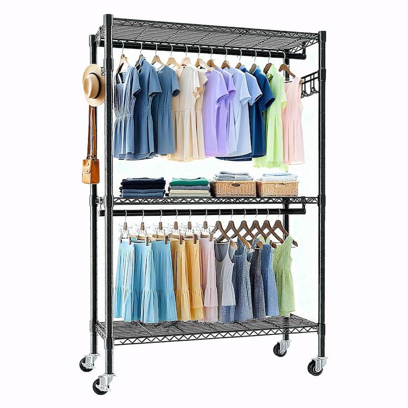 3 Tiers Adjustable Wire Shelving Clothes Rack with 2 Clothes Rails and Side Hooks