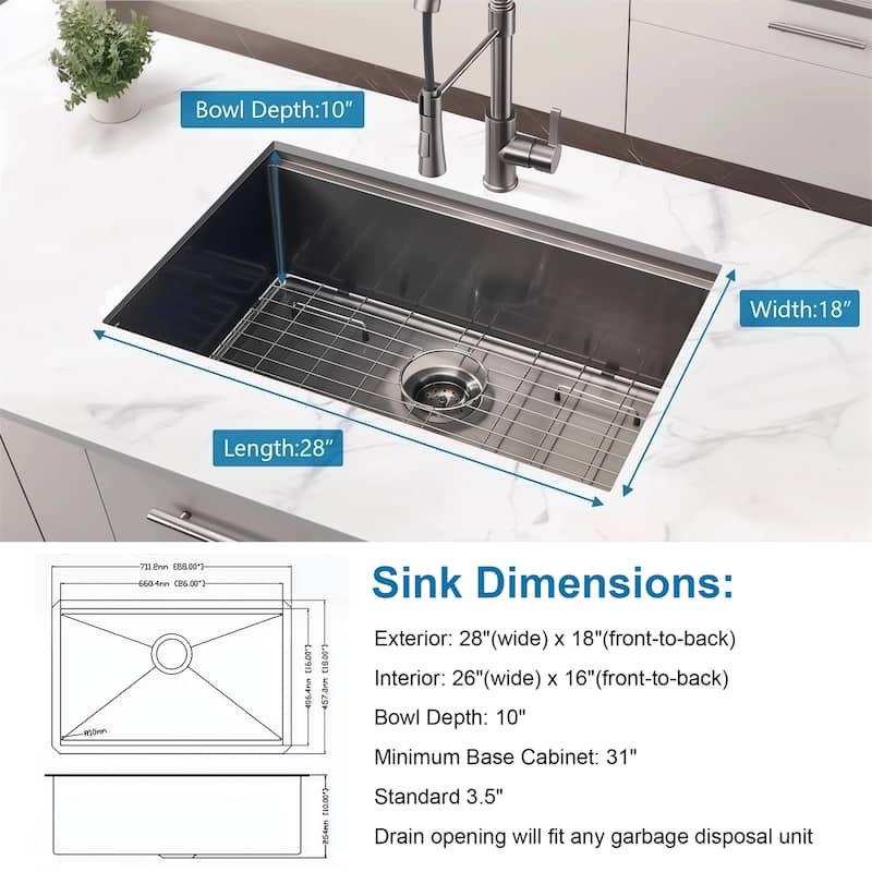 8 x 18 Inch 16 Gauge Stainless Steel Undermount Kitchen Sink