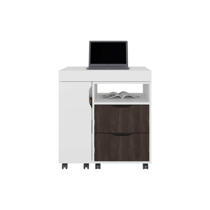 GDFStudio - Ava Extendable Desk with 2 Drawers, 4 Shelves, and Mobile Wheels