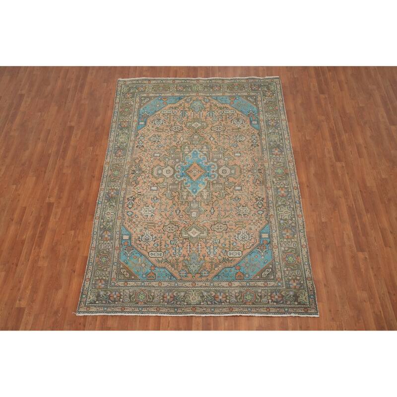 Hand Knotted Oriental 100% Wool Carpet Traditional Medallion Peach Tabriz Area Rug - 9' 2'' X 6' 4''