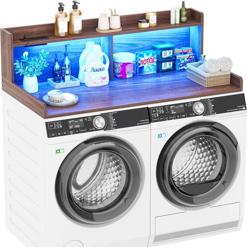 54" x 27.4" Laundry Countertop for Washer and Dryer with Non-Slip Pads，LED Lights，Power Outlets