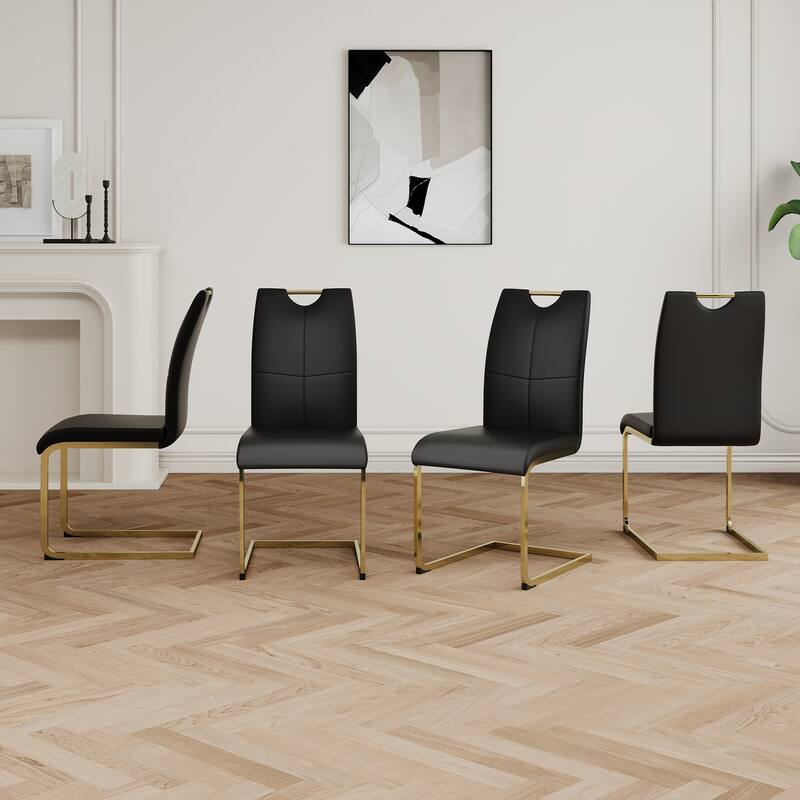 Modern Set of 4 Dining Chairs with Leather Cushioned Seat, Chrome Metal Legs, for Dining Room, Living Room, and Bedroom