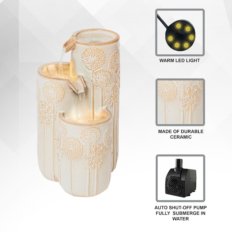 XBrand 25 in H Freestanding Cascadian Outdoor Garden Fountain w/Flower Details & Warm LED Lights, Ceramic, Beige