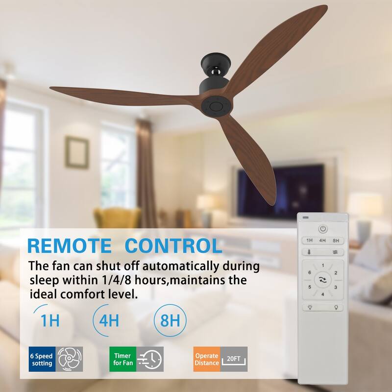 Walnut Ceiling Wood Fan with Remote, 6 Speeds,for All Seasons,Bedroom,Balcony,study