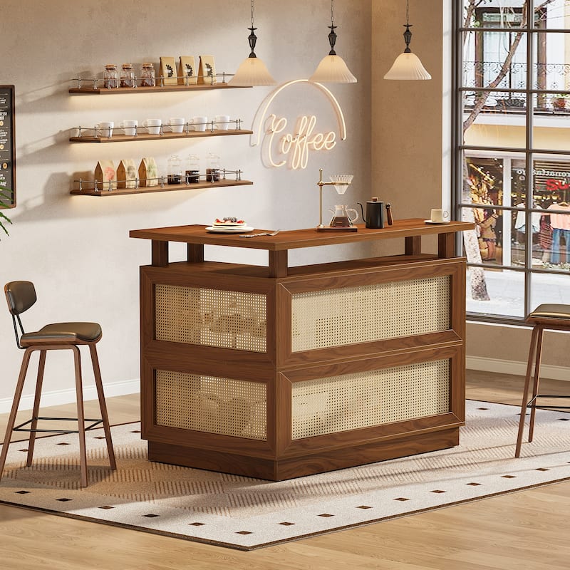 Rattan L Shaped Bar Table with 4-Tier Storage Shelf