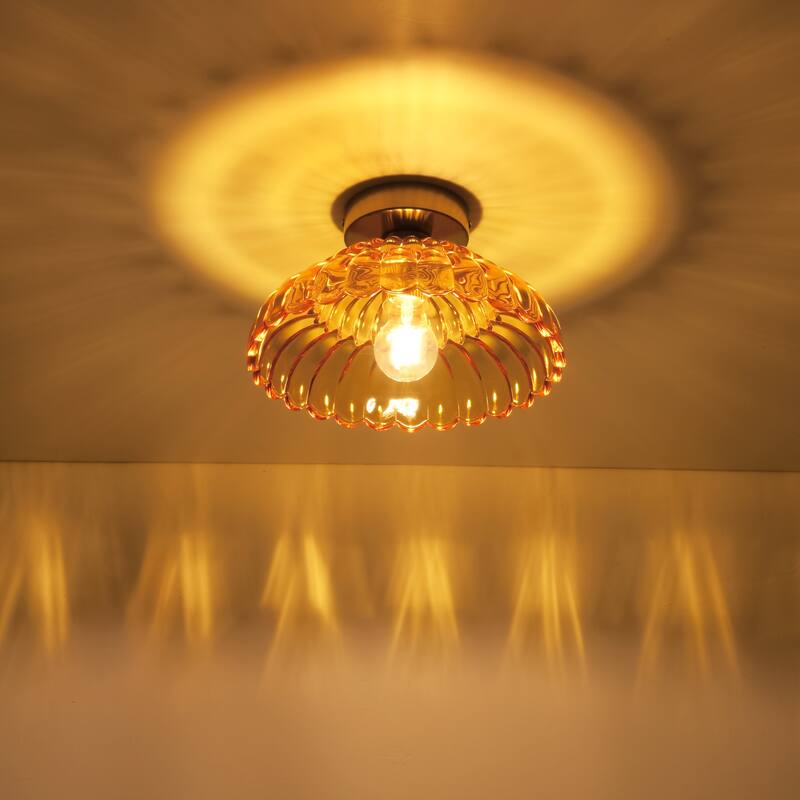 1-Light Vintage Brass Finish Metal Semi-Flush Mount Ceiling Light with Amber/Green/Grey/Clear Glass Shade for Kitchen, Hallway