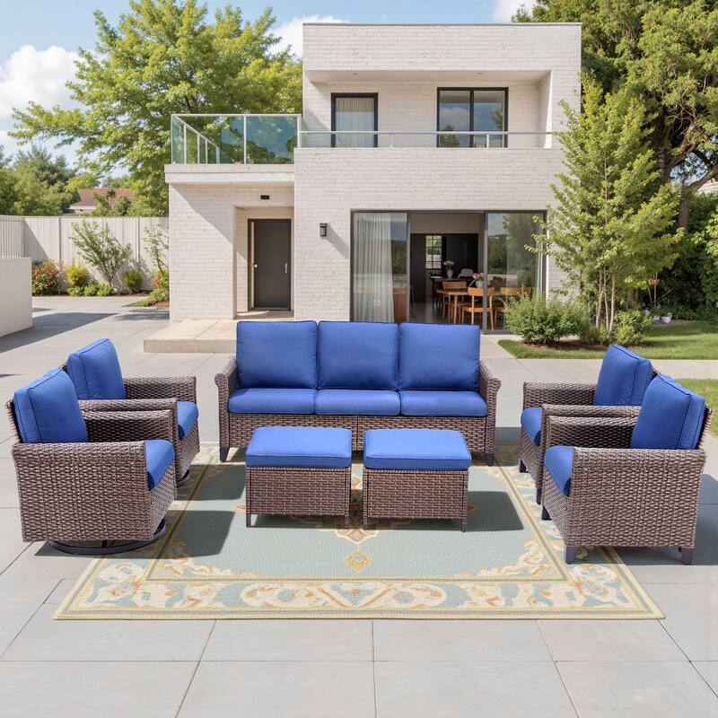 Pocassy Outdoor Sofa with Swivel Chairs Funiture Set - 7PCS Sofa Chair w/ Ottoman - Brown Wicker Beige Cushion