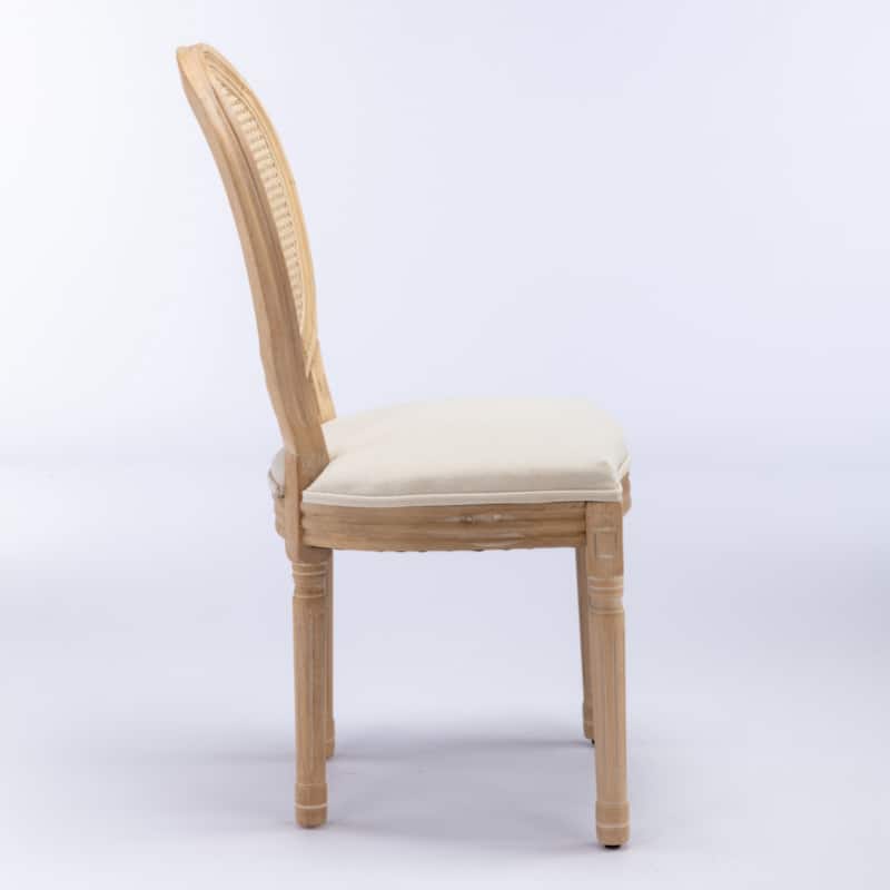 Furniture,French Style Solid Wood Frame Antique Painting Linen Fabric Rattan Back Dining Chair,Set of 2