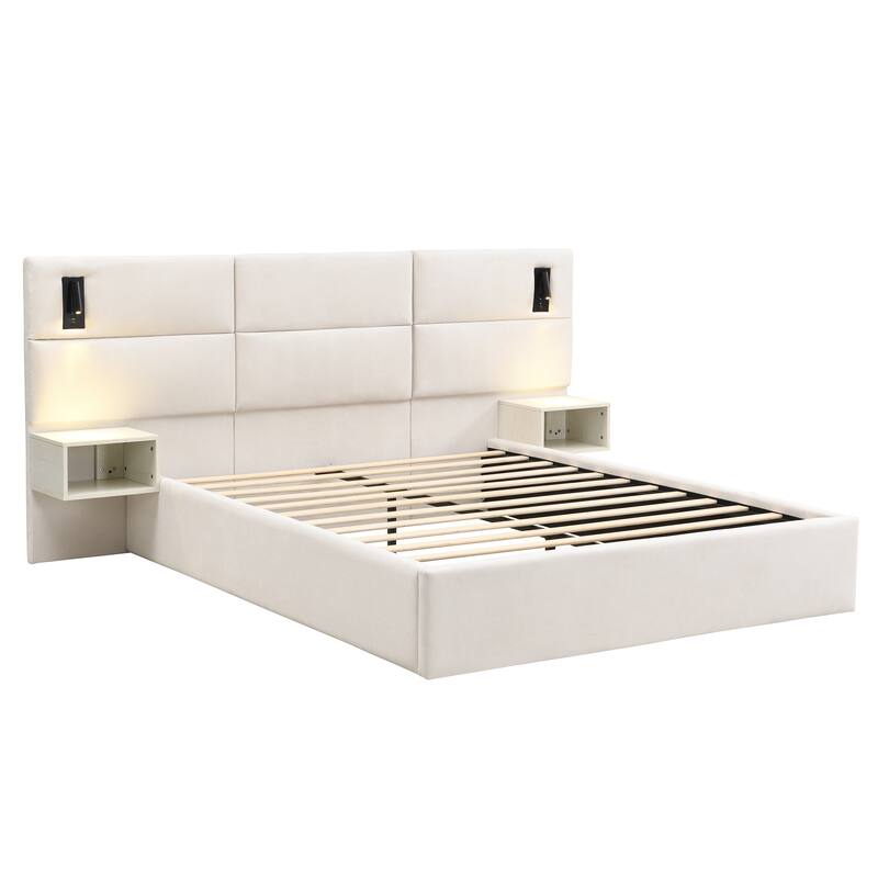 Christopher Knight Home - Mid-Century Modern Chenille Upholstered Smart Bed with Reading Lights & Built-In Shelves