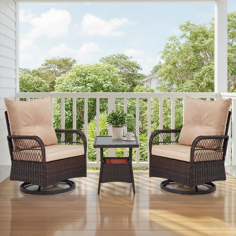 EROMMY 3-Piece Outdoor Rocking/Swivel Chair Set - PE Rattan Patio Furniture with Cushions & Coffee Table, Rocker Chairs