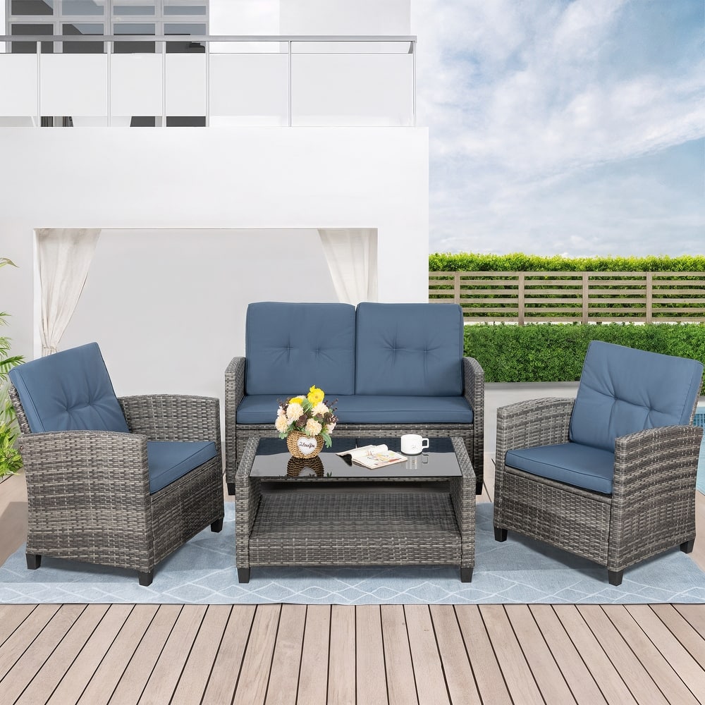 Outdoor 4-Piece Wicker Patio Conversation Sofa Set - N/A