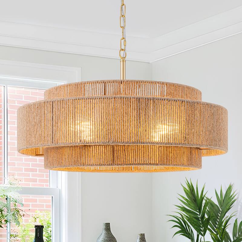 Starsky 4-light Rattan Hand-Woven Hemp Rope Chandelier - Gold