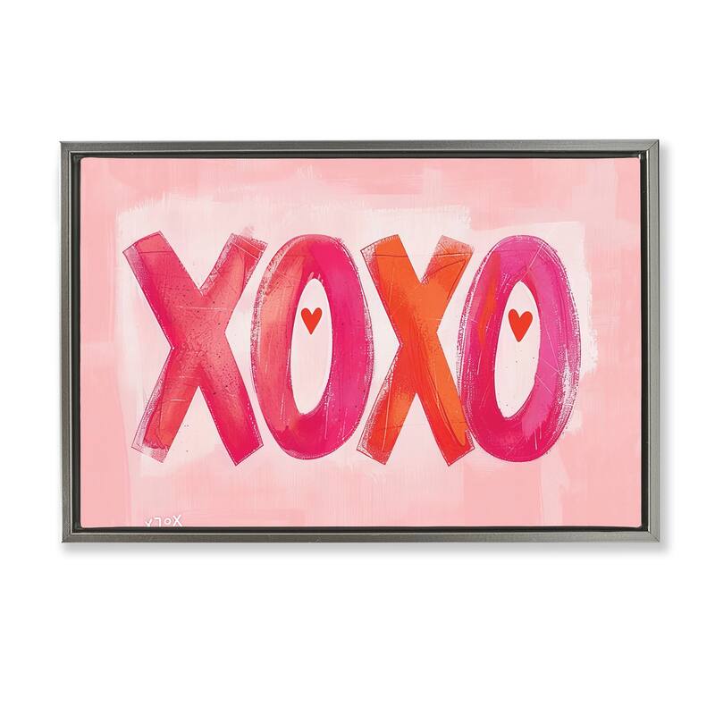 Stupell Pink XOXO with Hearts Framed Floater Canvas Wall Art Design By LSR Design Studio - 31 x 21 - Grey