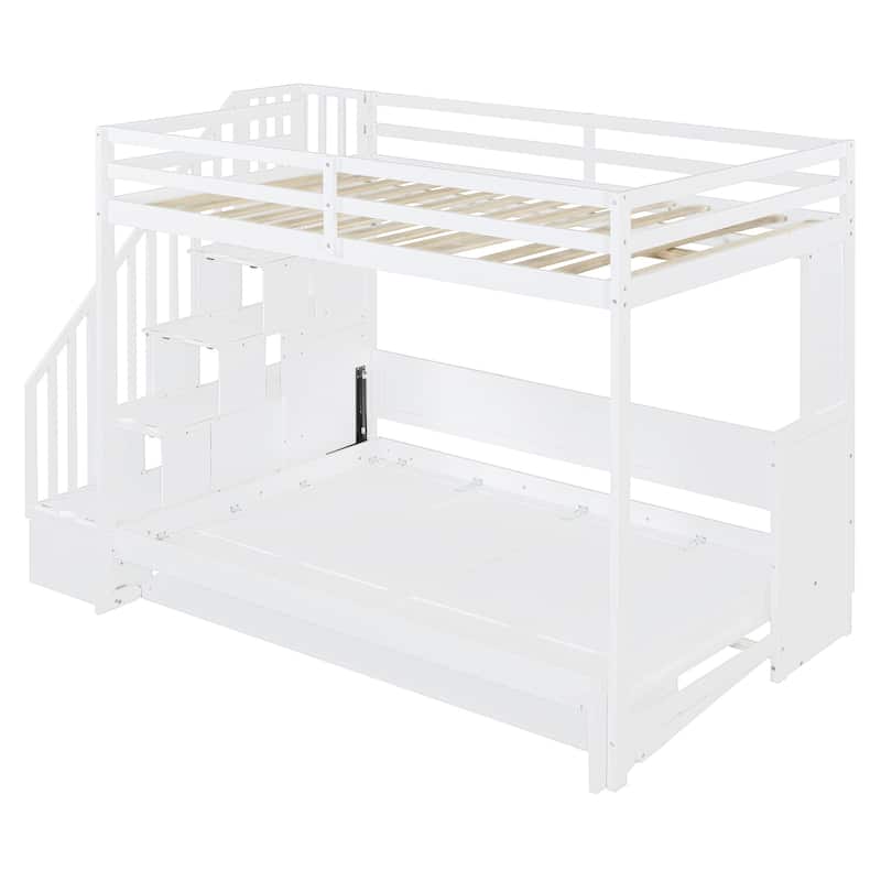 Full Over Full Size Murphy Bunk Bed Convertible Loft Bed with Hydraulic Lift, Hidden Desk and Storage Stairs for Kids