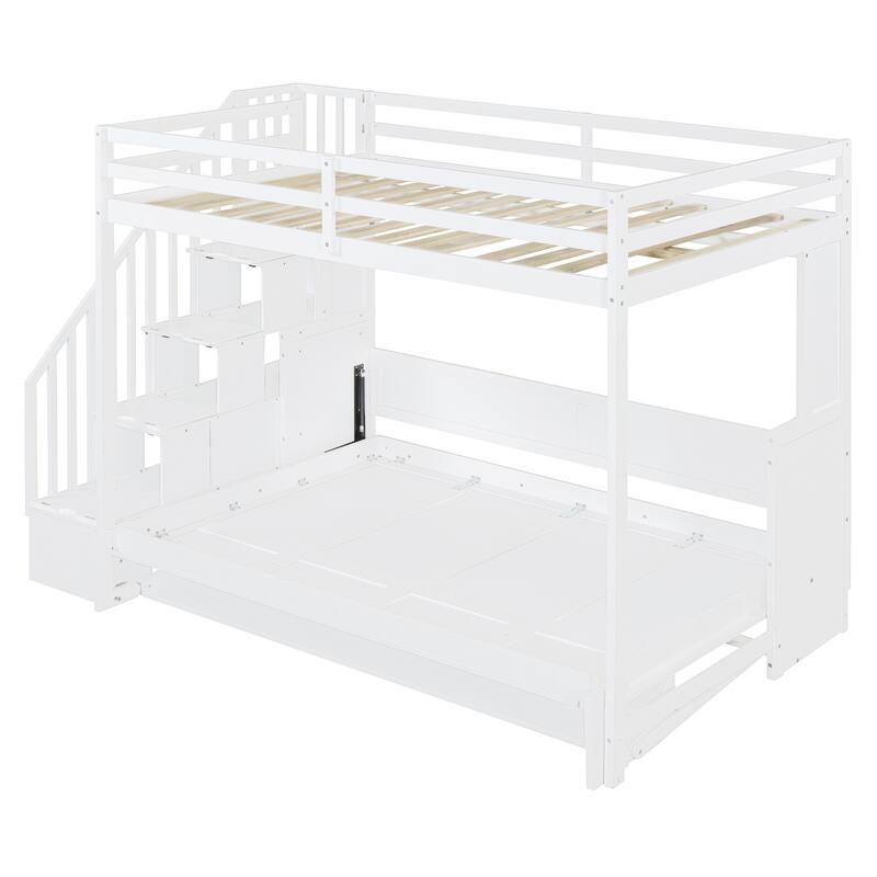 Full Over Full Versatile Wooden Murphy Bed with Storage Staircases & Desk, Space-Saving Foldable Wall Bed with Hydraulic Lift