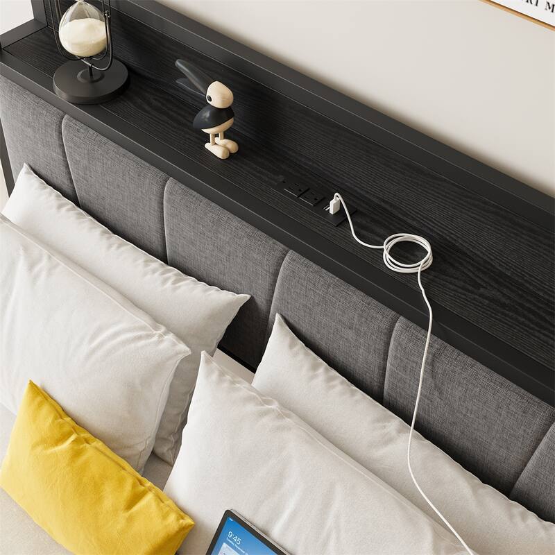 Full Size Bed Frame, Storage Headboard with Charging Station