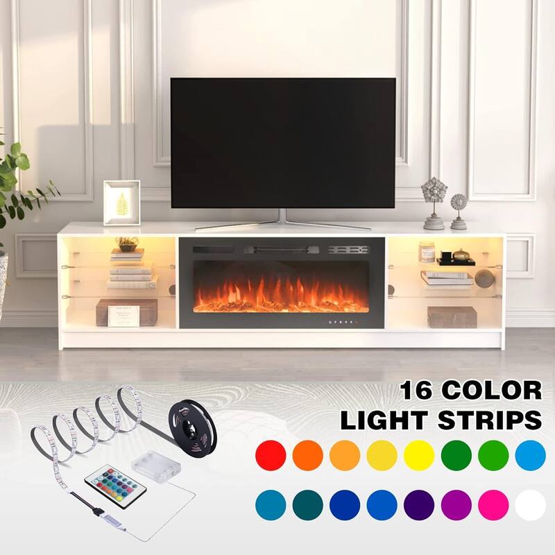 EROMMY 79" Fireplace TV Stand with 40" Electric Fireplace, Entertainment Center with Adjustable Glass Shelves