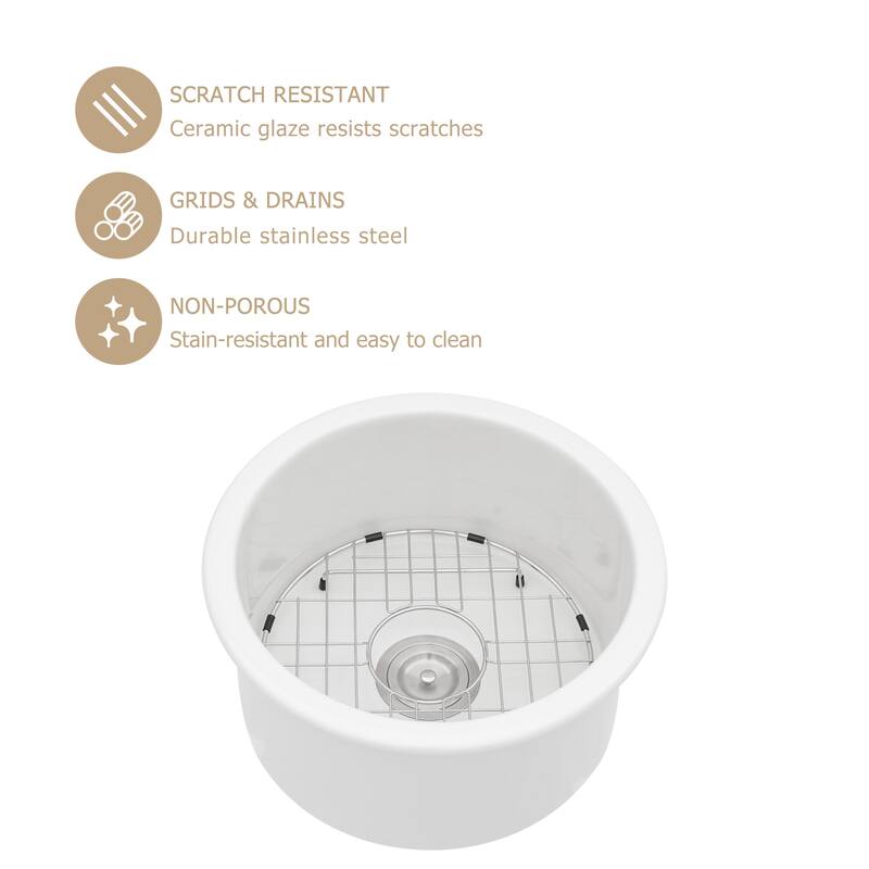 Kichae 18 Inch Ceramic Sink Undermount Round Small Kitchen Sink Bar Sink - 18 in.W x 18 in.D x 9 in.H