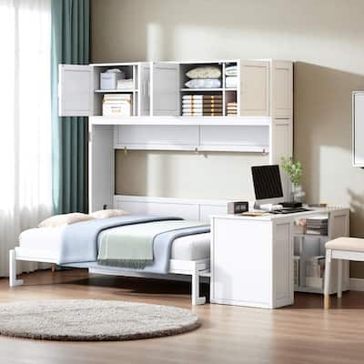 Queen Murphy Wall Bed with Desk, Storage Shelves & Big Cabinets, White, Hydraulic Lift, 600 lb Capacity