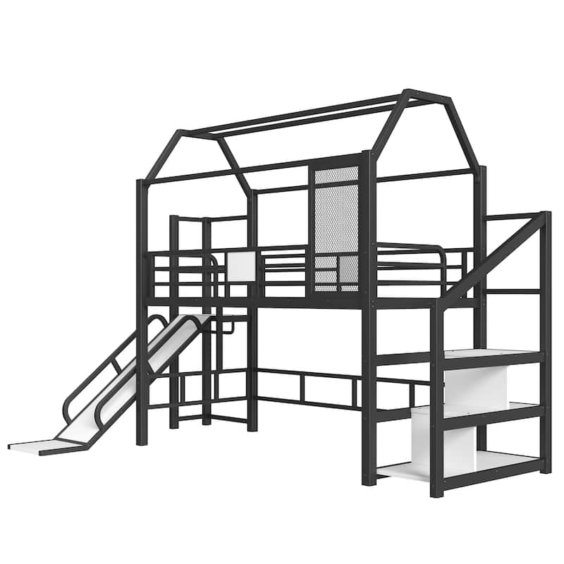 Full/Twin House Loft Bed with Slide, Stairs and Storage Shelves, Metal Playhouse Bed