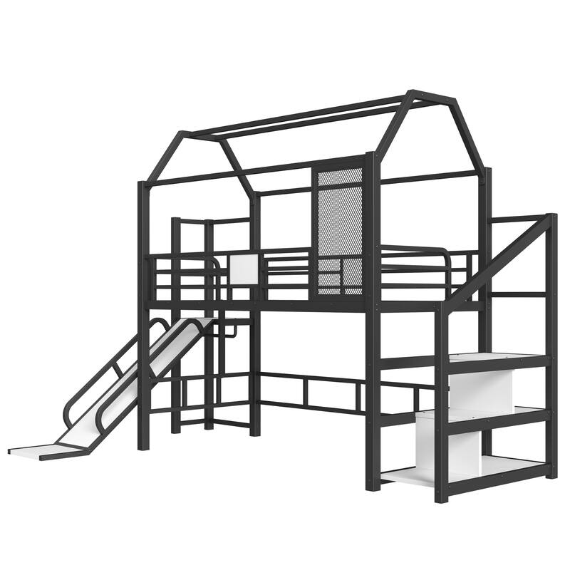 Twin House Loft bed with Slide and Stairs, Metal Playhouse Bed with Storage Shelves, House-shaped Roof and Noise-free Design