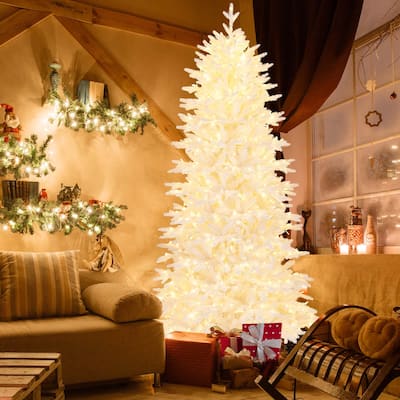 Pre-Lit Christmas Tree Snow Flocked Xmas Tree Hinged Holiday Tree - White
